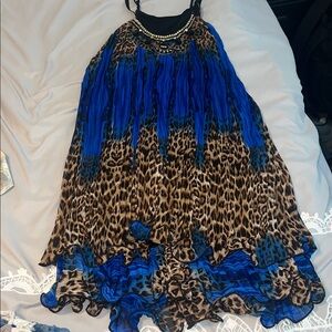 New, Elegant Leopard and Blue Layered Dress with Stunning Beaded Neckline